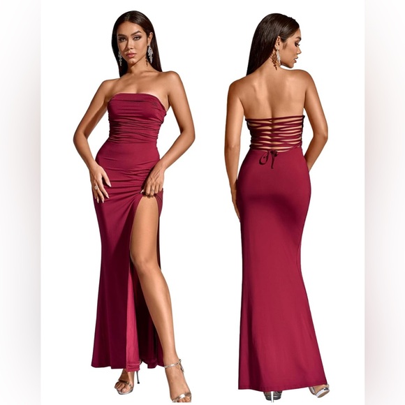 HTZMO Tube Top Strapless Slit Bodycon Sexy Tie Back Wedding Guest Party Dress - Picture 1 of 7